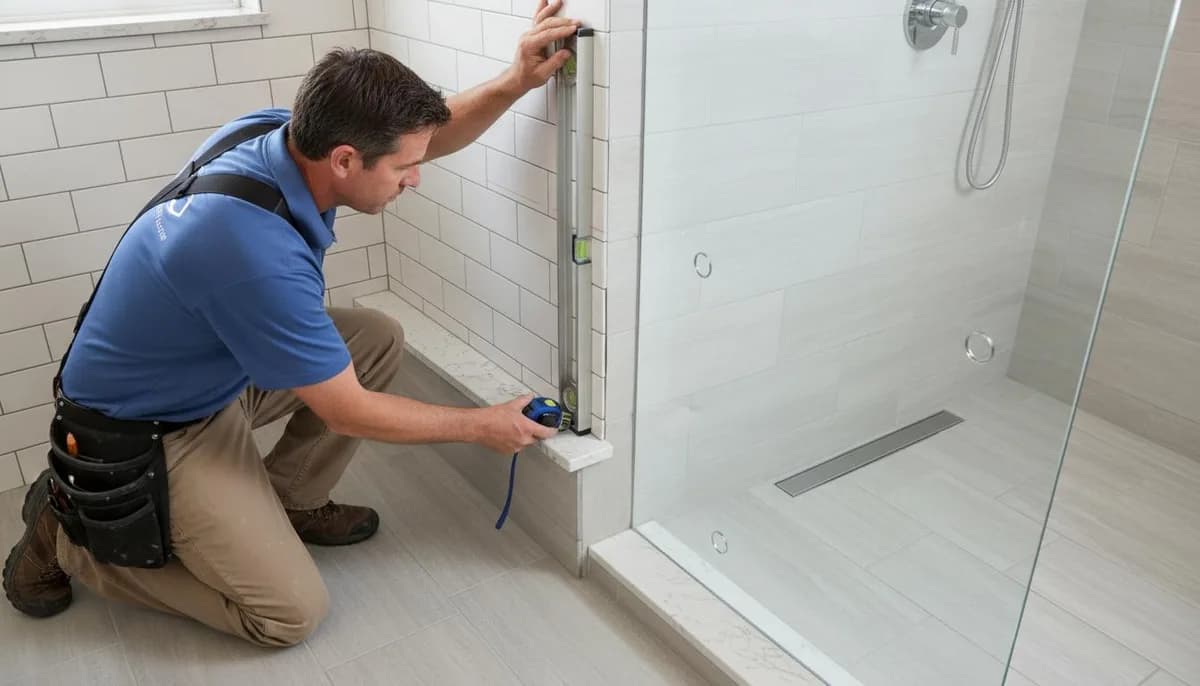 Hantverkare installerar en tillgänglig dusch med golvbrunn