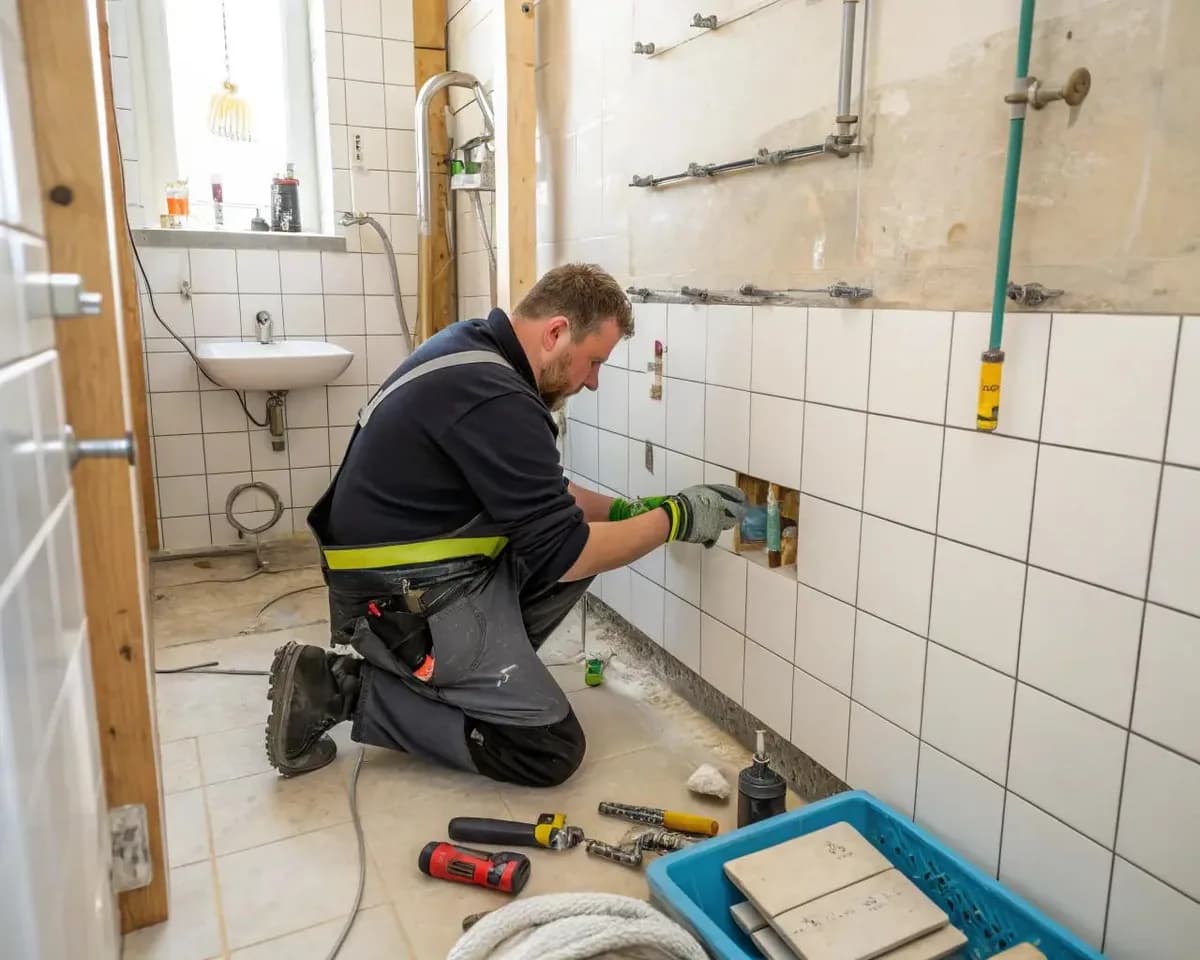 Hantverkare sätter kakel under en badrumsrenovering
