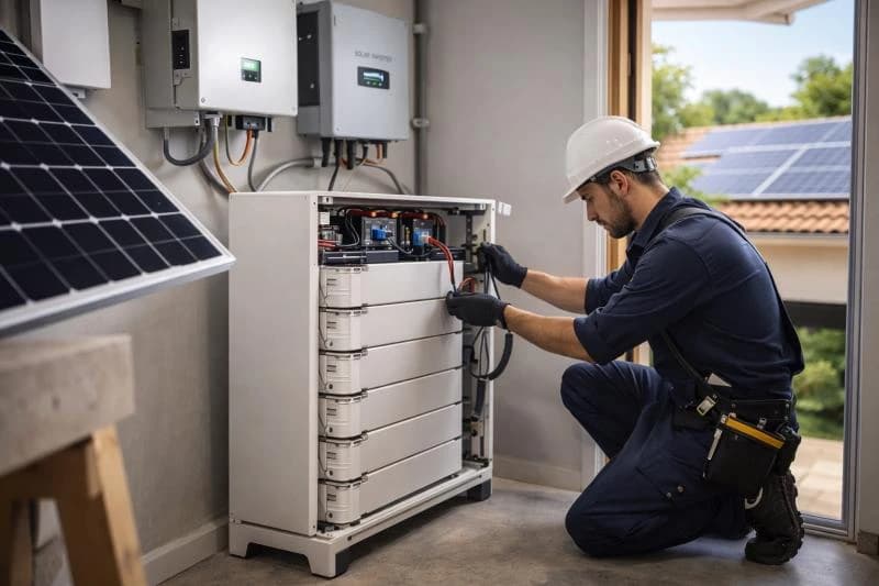 Elektriker installerar batterilagring kopplat till solceller