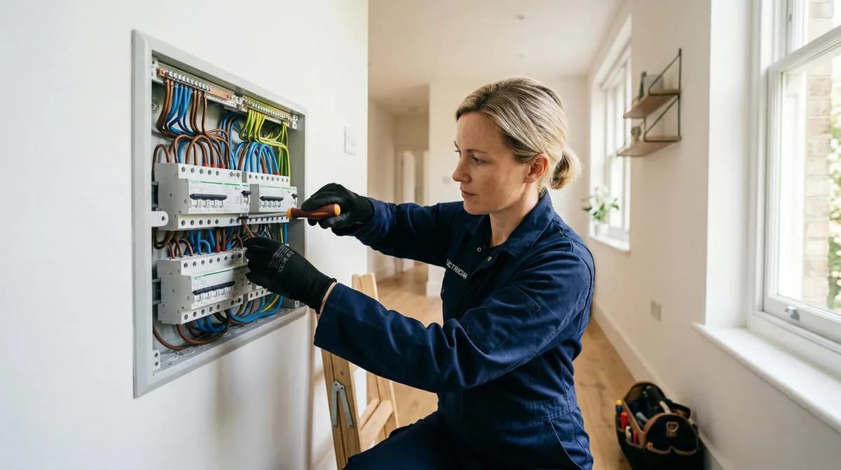 Elektriker felsöker kablarna i en elcentral