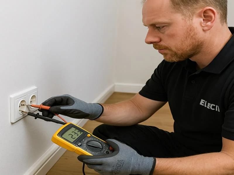 Elektriker kontrollerar ett eluttag med multimeter