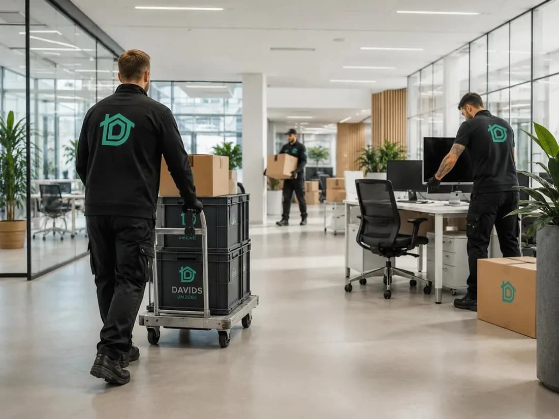 Flyttare rullar kartonger på kärra genom ett kontor