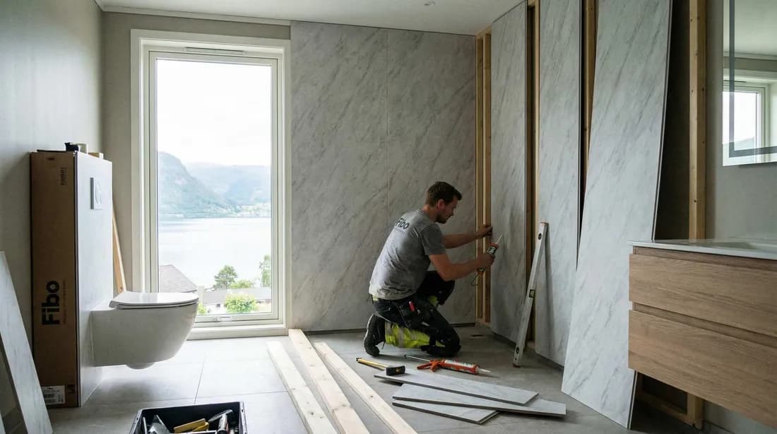 Hantverkare sätter upp väggskivor i ett badrum under renovering