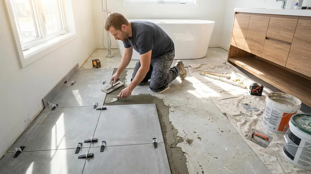 Plattsättare lägger stora klinkerplattor på ett badrumsgolv