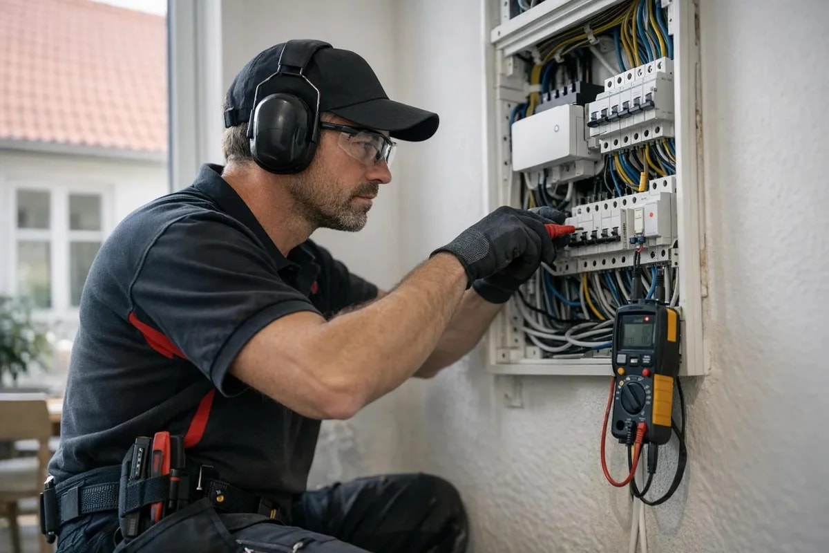 Elektriker med hörselskydd arbetar i en elcentral