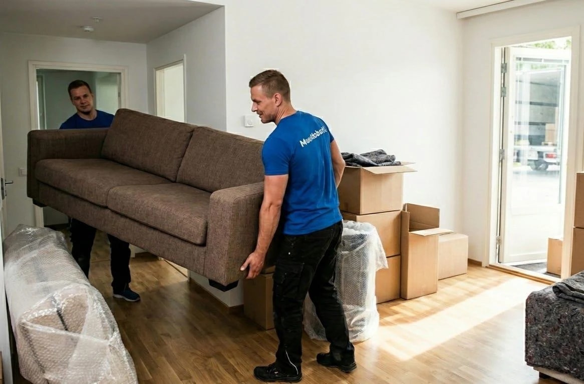 Flyttare i blå arbetskläder bär en brun soffa genom ett ljust vardagsrum