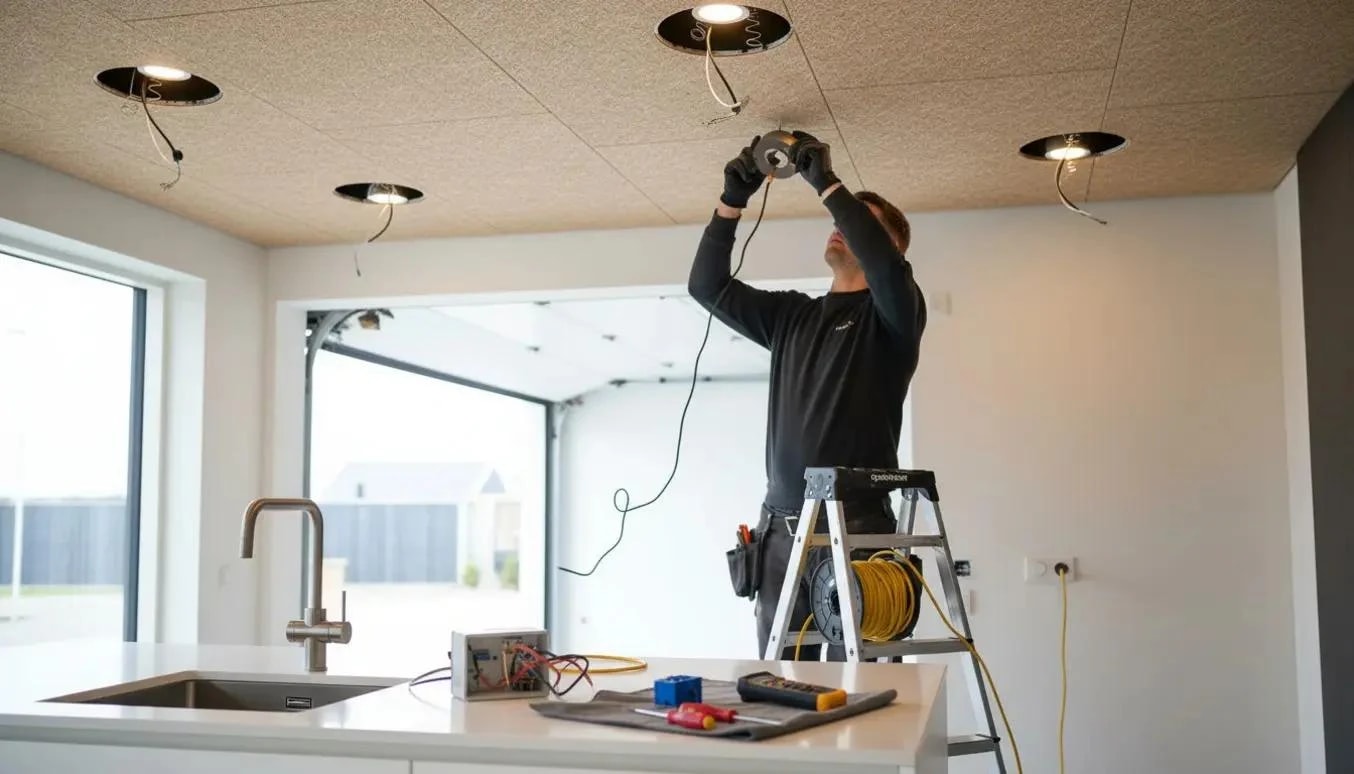 Elektriker monterar spotlights i taket ovanför en köksö