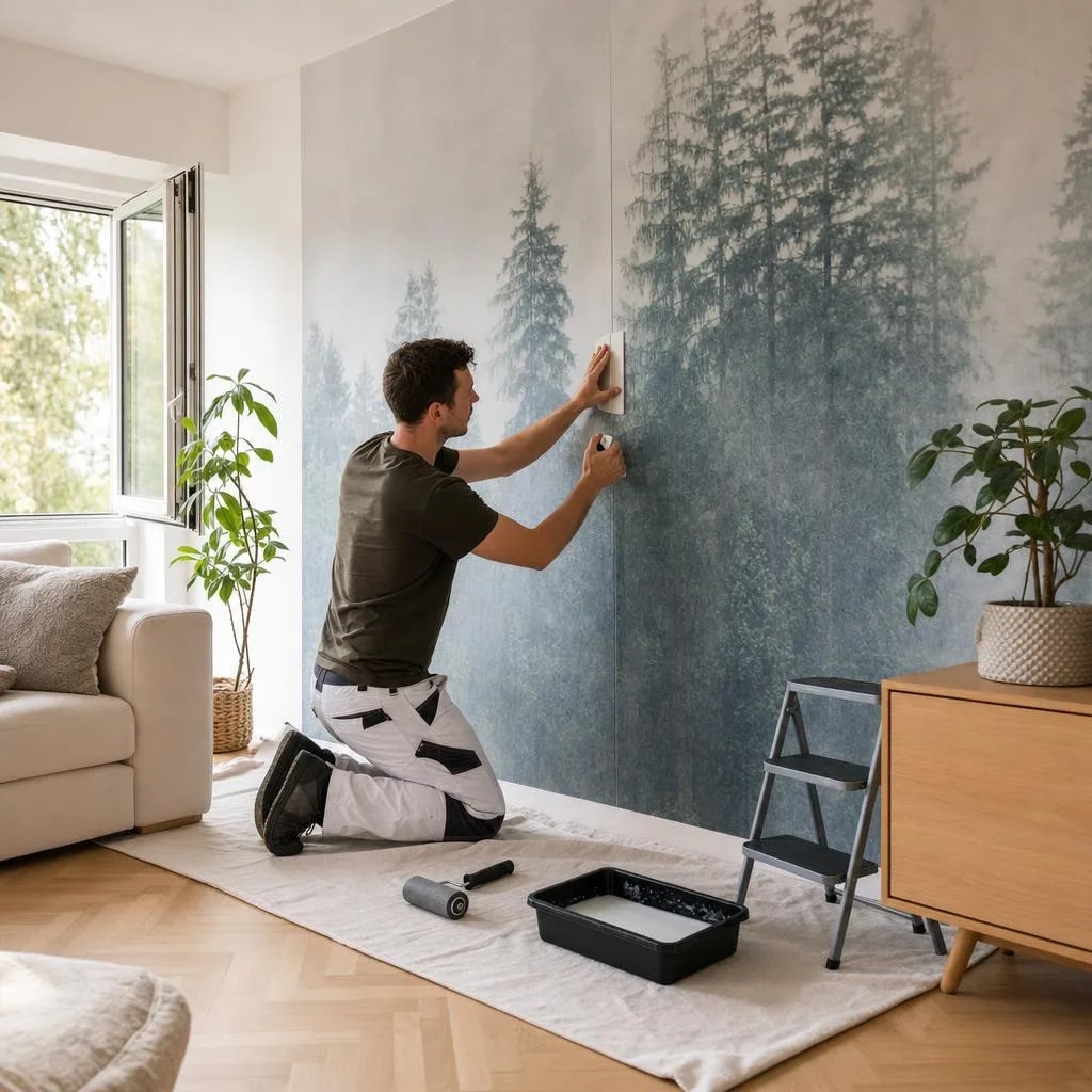 Hantverkare sätter upp mönstrad tapet på en fondvägg