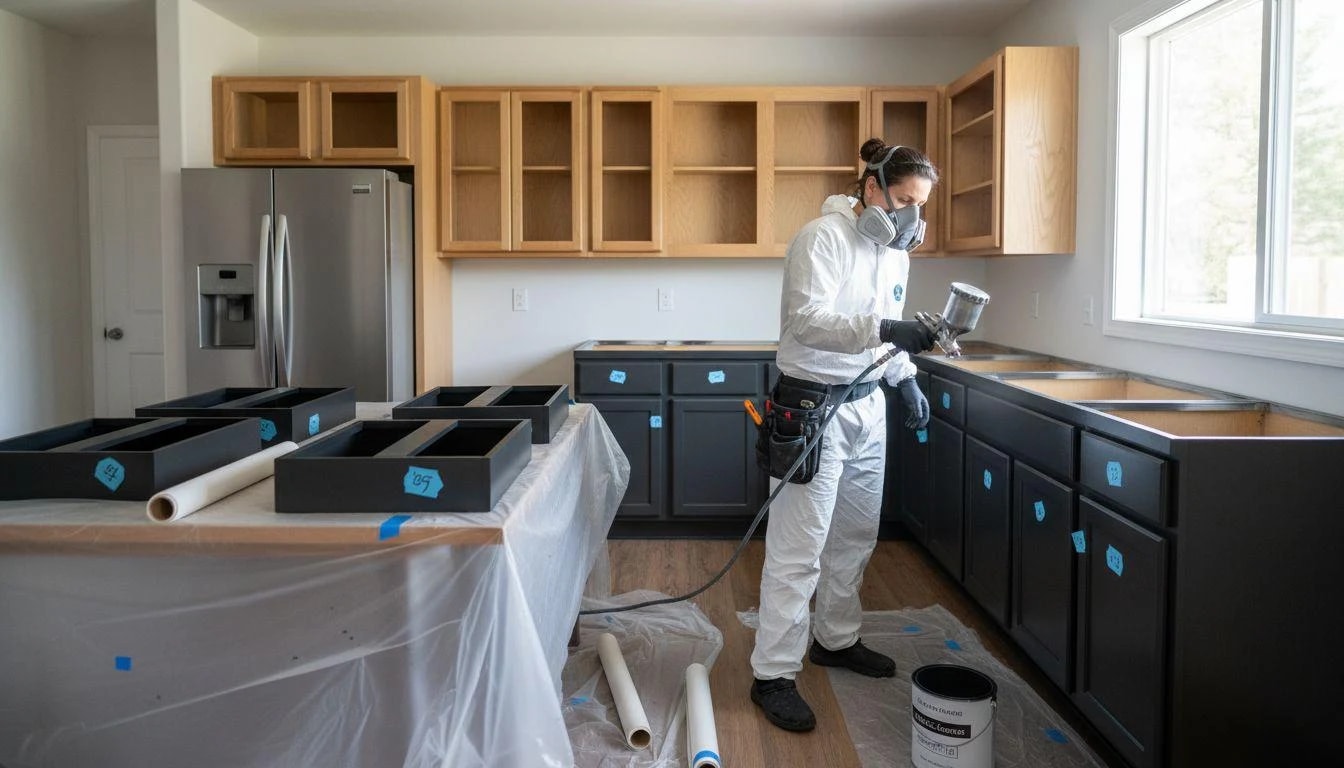 Målare sprutlackerar köksluckor i ett kök under renovering