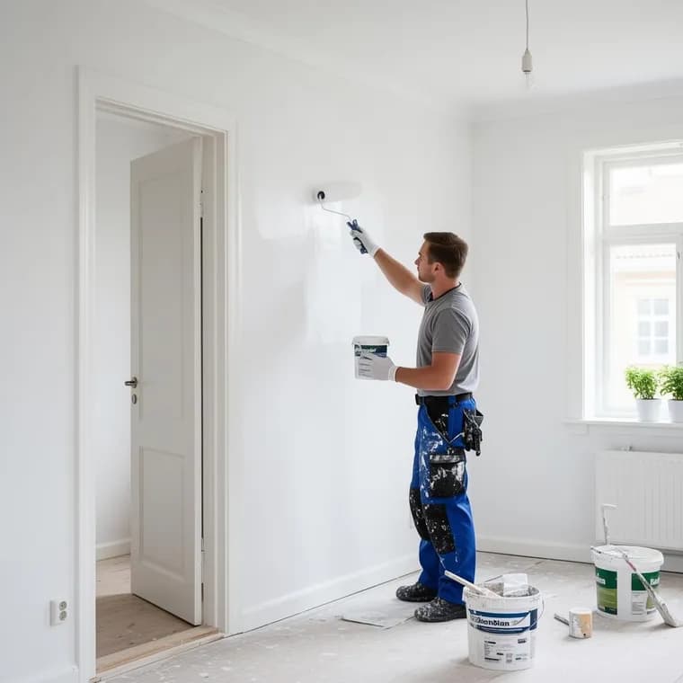 Målare målar en vägg vit med roller