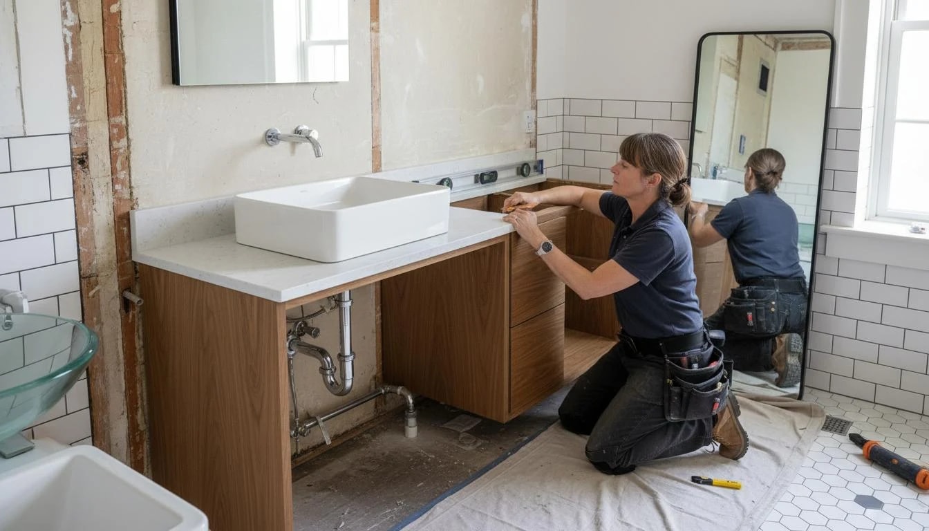 Snickare monterar en kommod med handfat i ett badrum under renovering